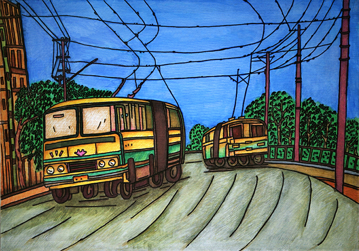 山城有轨电车 彩色水笔综合 70x50cm 2015